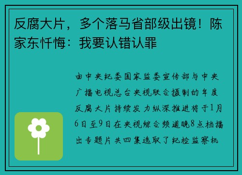 反腐大片，多个落马省部级出镜！陈家东忏悔：我要认错认罪