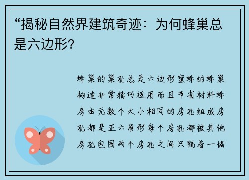 “揭秘自然界建筑奇迹：为何蜂巢总是六边形？