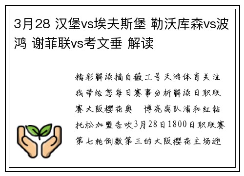 3月28 汉堡vs埃夫斯堡 勒沃库森vs波鸿 谢菲联vs考文垂 解读