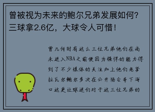 曾被视为未来的鲍尔兄弟发展如何？三球拿2.6亿，大球令人可惜！