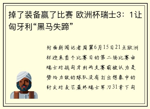 掉了装备赢了比赛 欧洲杯瑞士3：1让匈牙利“黑马失蹄”