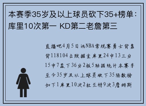 本赛季35岁及以上球员砍下35+榜单：库里10次第一 KD第二老詹第三