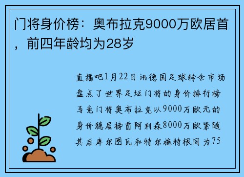 门将身价榜：奥布拉克9000万欧居首，前四年龄均为28岁