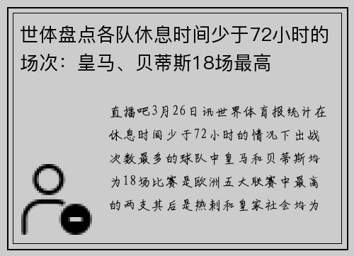 世体盘点各队休息时间少于72小时的场次：皇马、贝蒂斯18场最高
